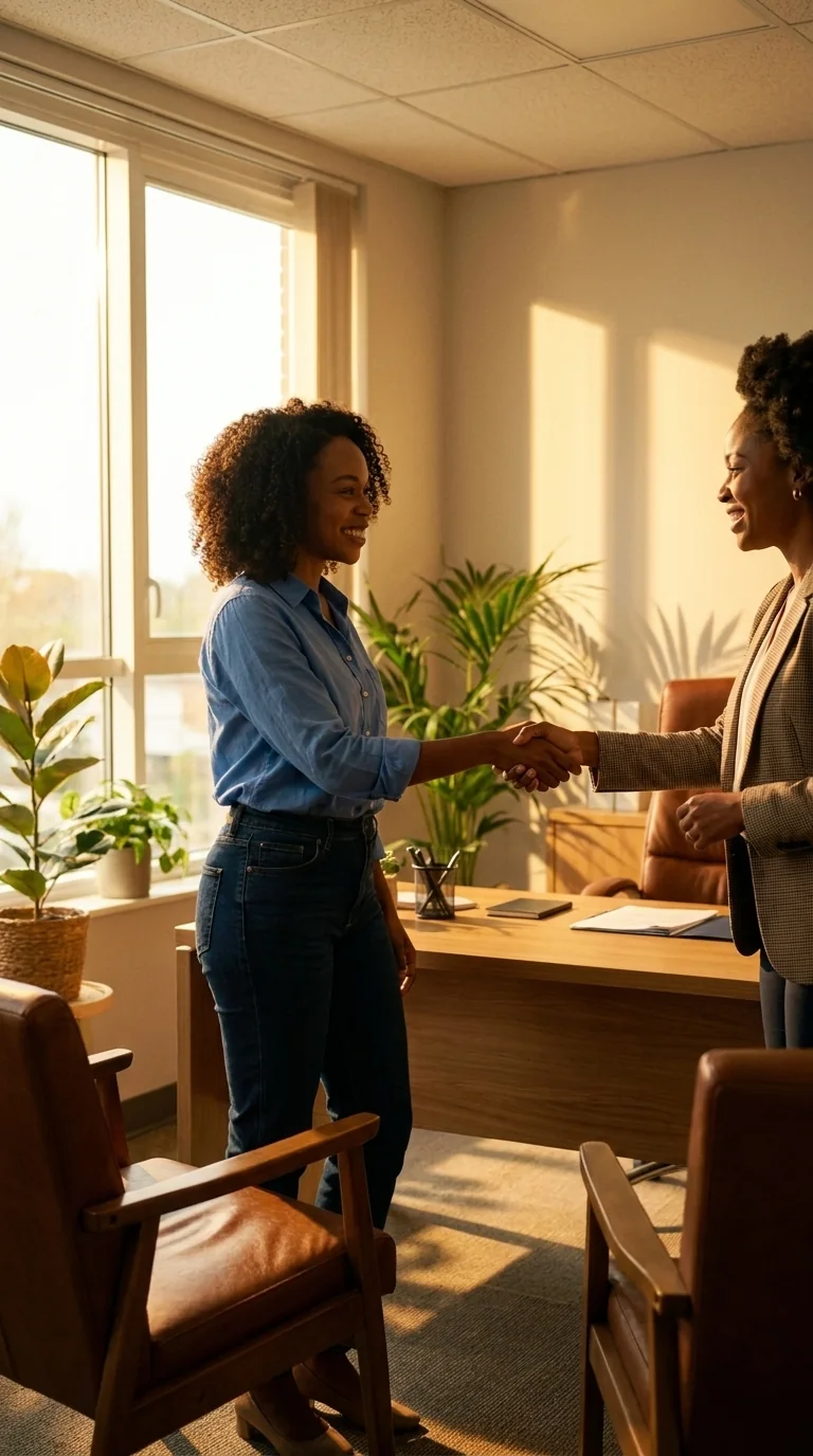 Homeowner shaking hands with her insurer